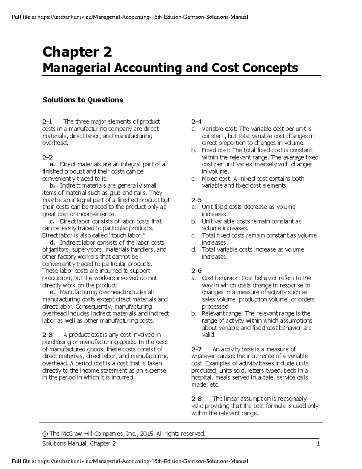 Chapter 2 Managerial Accounting And Cost - © The McGraw-Hill Companies ...