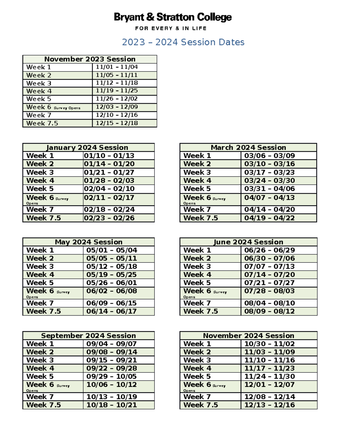 Session Dates 2023 2024 Session Dates November 2023 Session Week 1