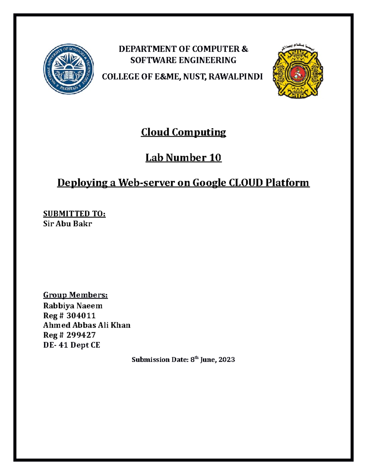 CC Lab 10 - Lab work - DEPARTMENT OF COMPUTER & SOFTWARE ENGINEERING ...