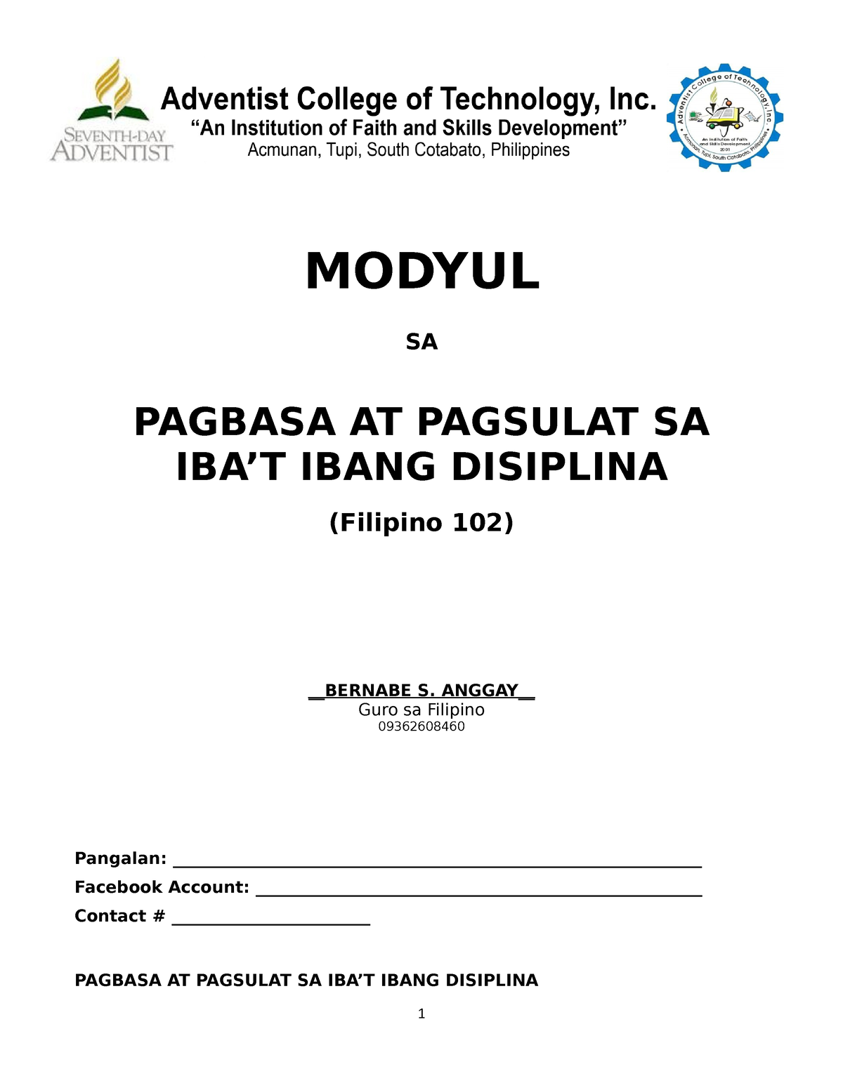 Pagbasa At Pagsulat Sa Ibat Ibang Disiplina Filipino 102 Modyul Sa