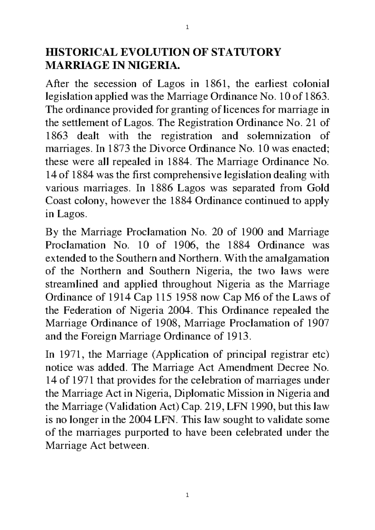 Statutory Marriage HISTORICAL EVOLUTION OF STATUTORY MARRIAGE IN
