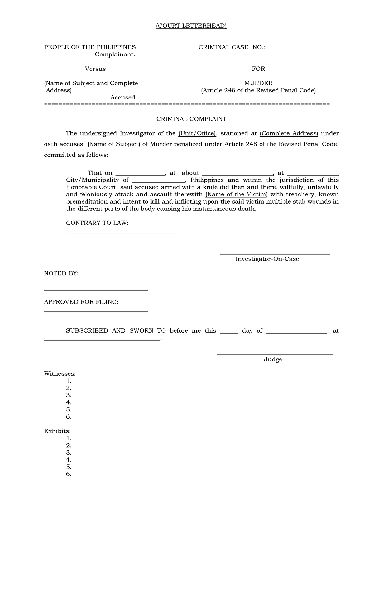 Criminal-Complaint-Formats - PEOPLE OF THE PHILIPPINES Complainant ...