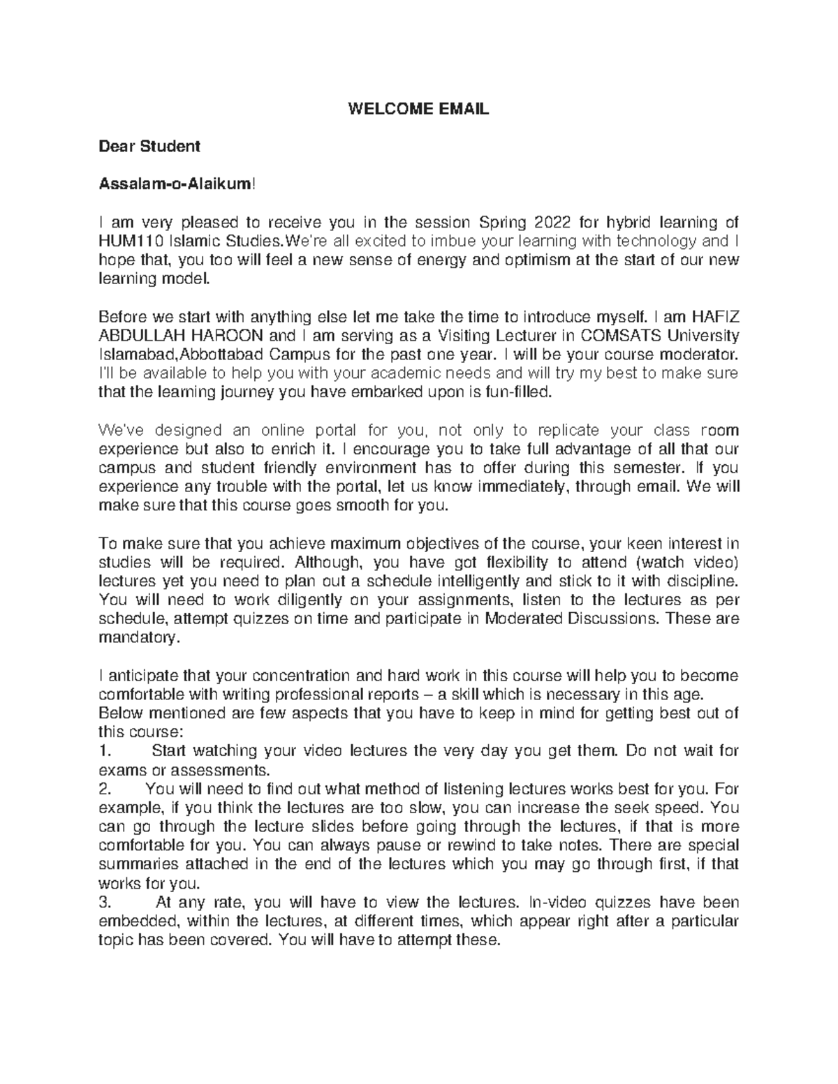 Welcome NOTE - 133258688613377284 - WELCOME EMAIL Dear Student Assalam ...