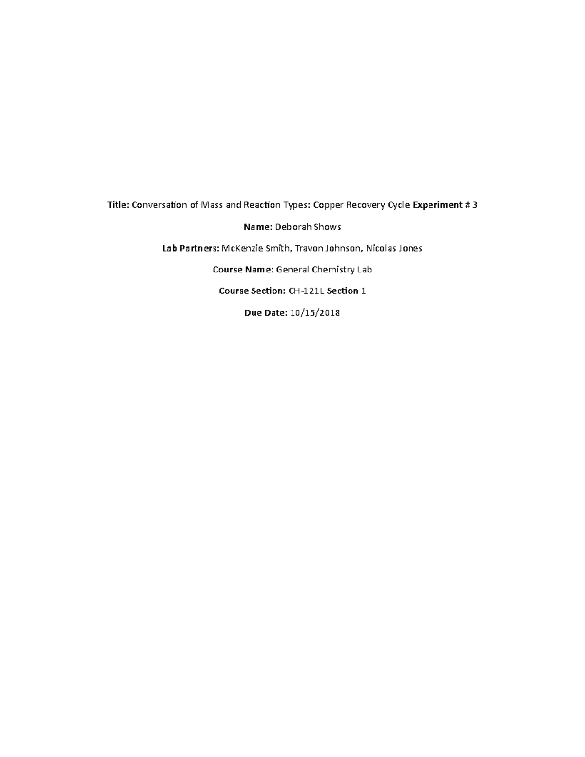 Lap Report 3 ( Chemistry) - Title: Conversa琀椀on of Mass and Reac琀椀on ...