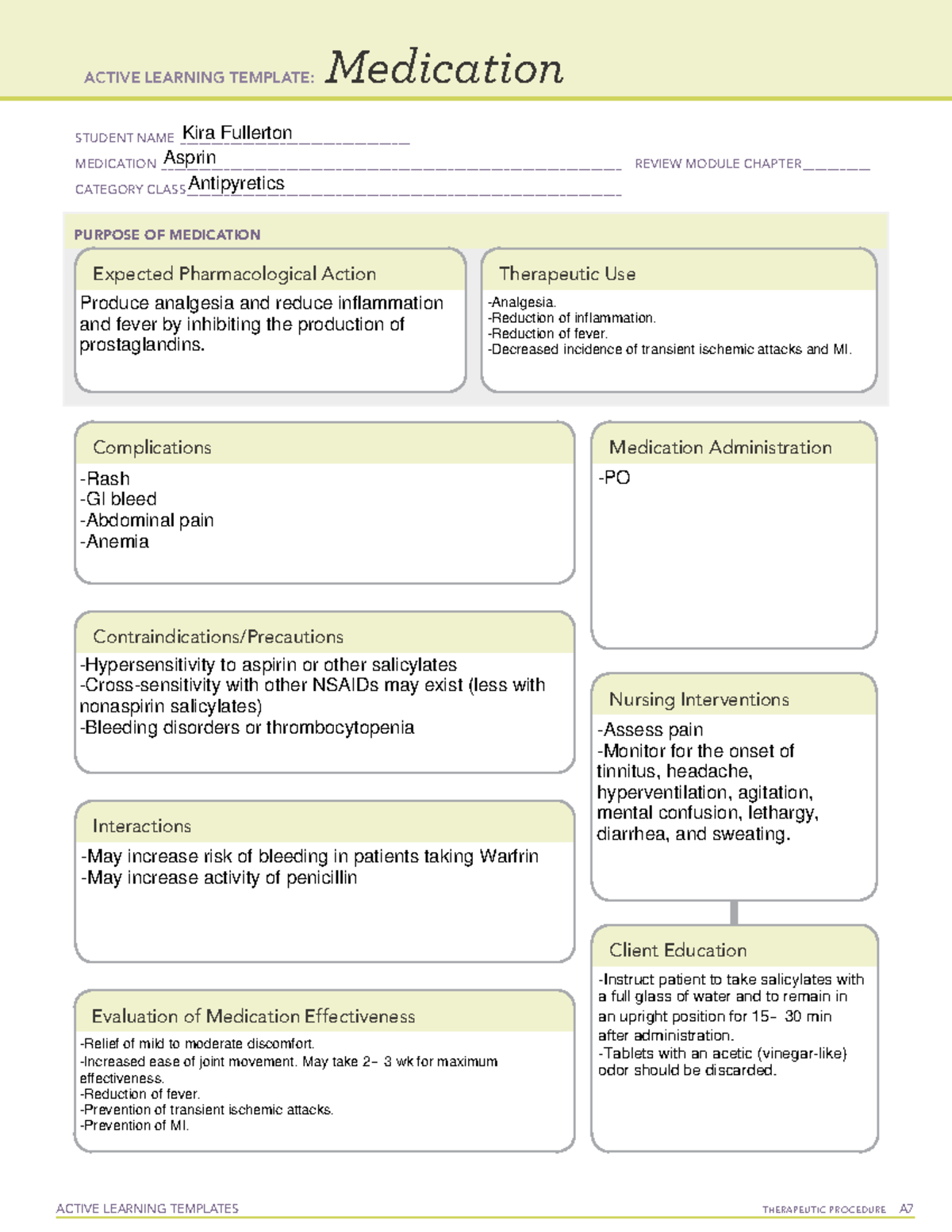 MED Aspirin ATI Medications Sheet ACTIVE LEARNING TEMPLATES 