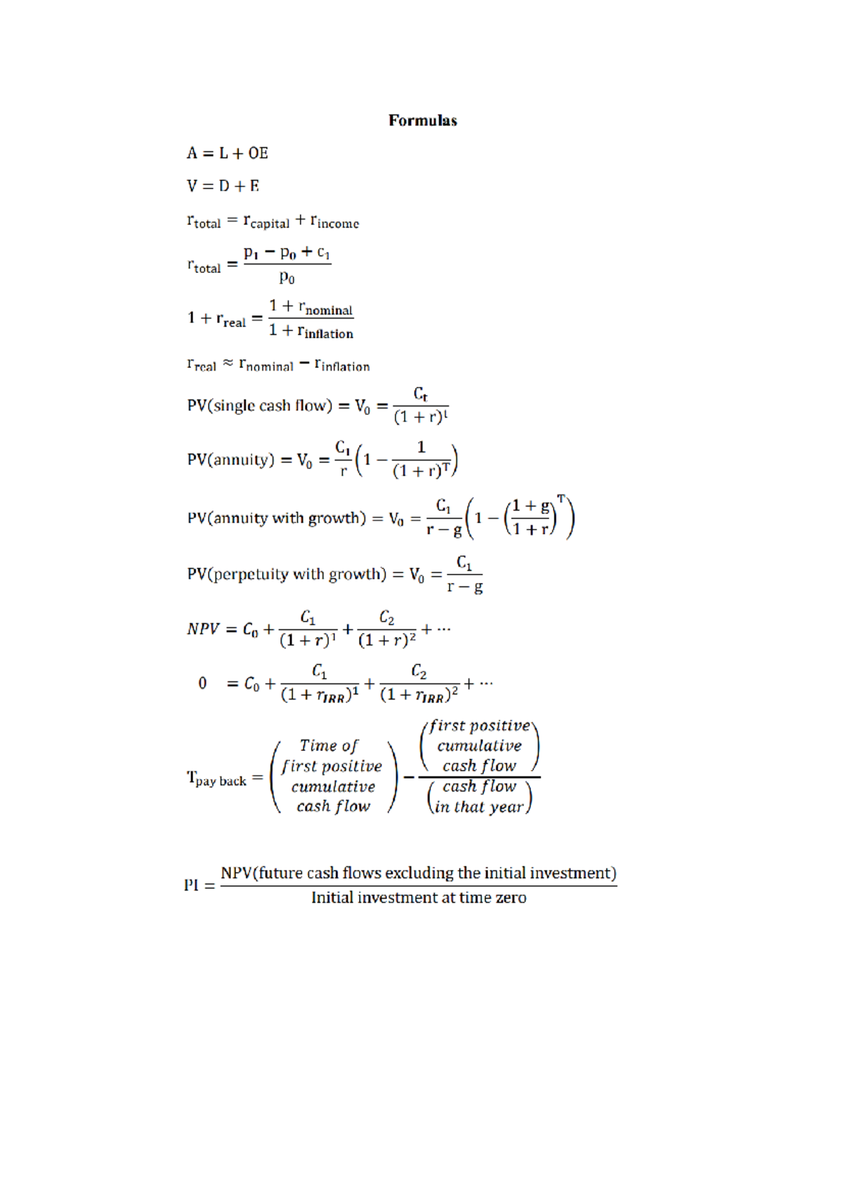 Introduction to Finance - Summary - Formulas - AFIN100 - Studocu
