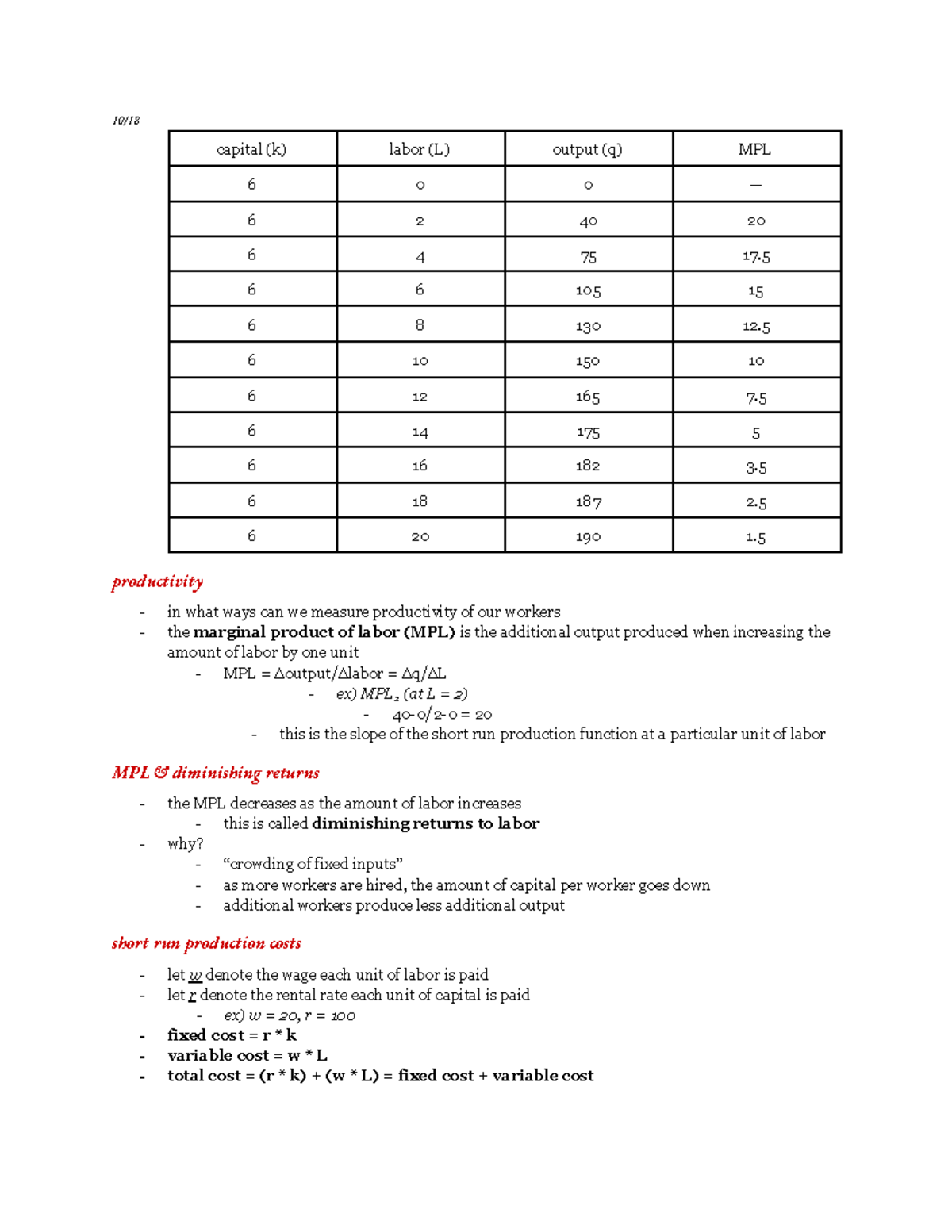 ECO182 Notes Week 9 - 10/ capital (k) labor (L) output (q) MPL 6 0 0 ...