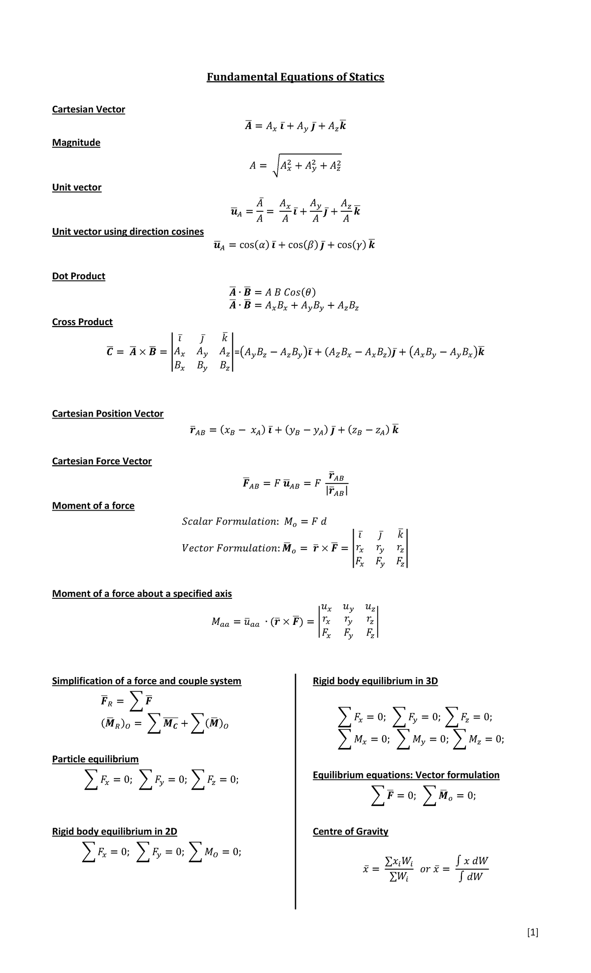 ECOR1045 - final formula sheet - [ 1 ] Fundamental Equations of Statics ...