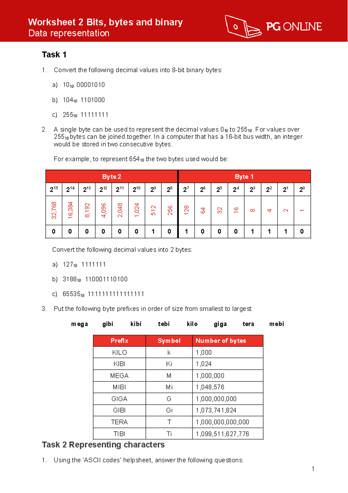 Data Representation Worksheet 2 Bits, bytes a - Worksheet 2 Bits, bytes ...