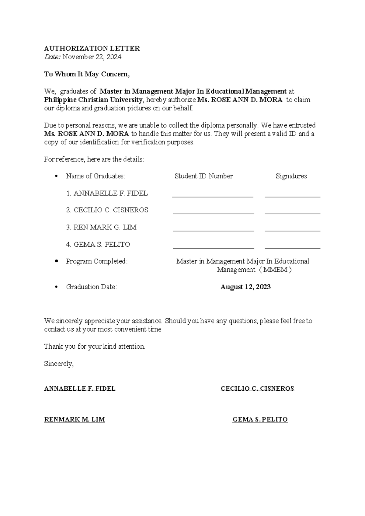Authorization Letter PCU - AUTHORIZATION LETTER Date: November 22, 2024 ...