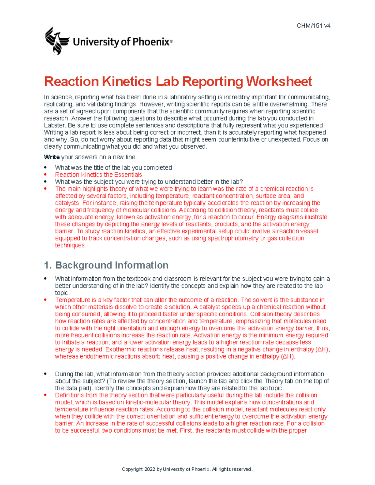 Chm151 v4 wk6 reaction kinetics lab report observational - CHM/151 v ...