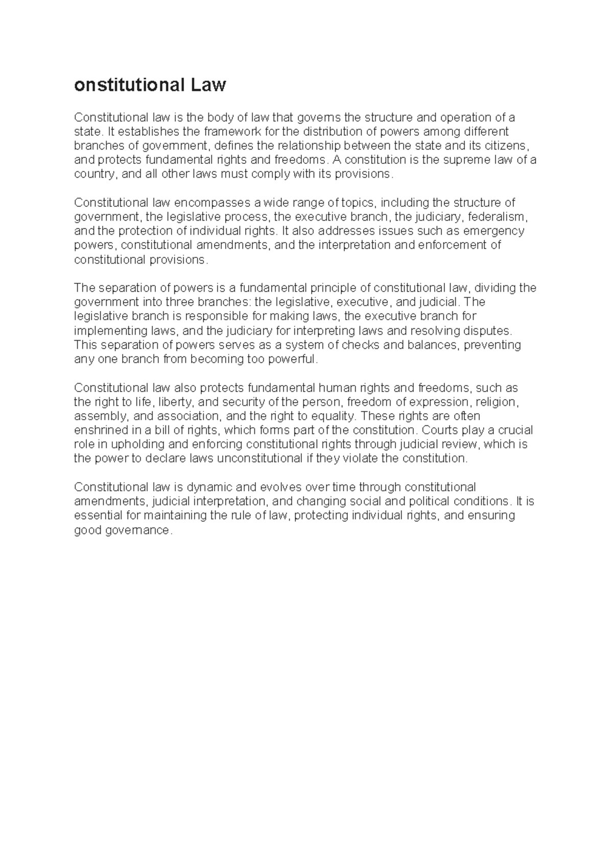 Doc3 - very helpful notes - onstitutional Law Constitutional law is the ...