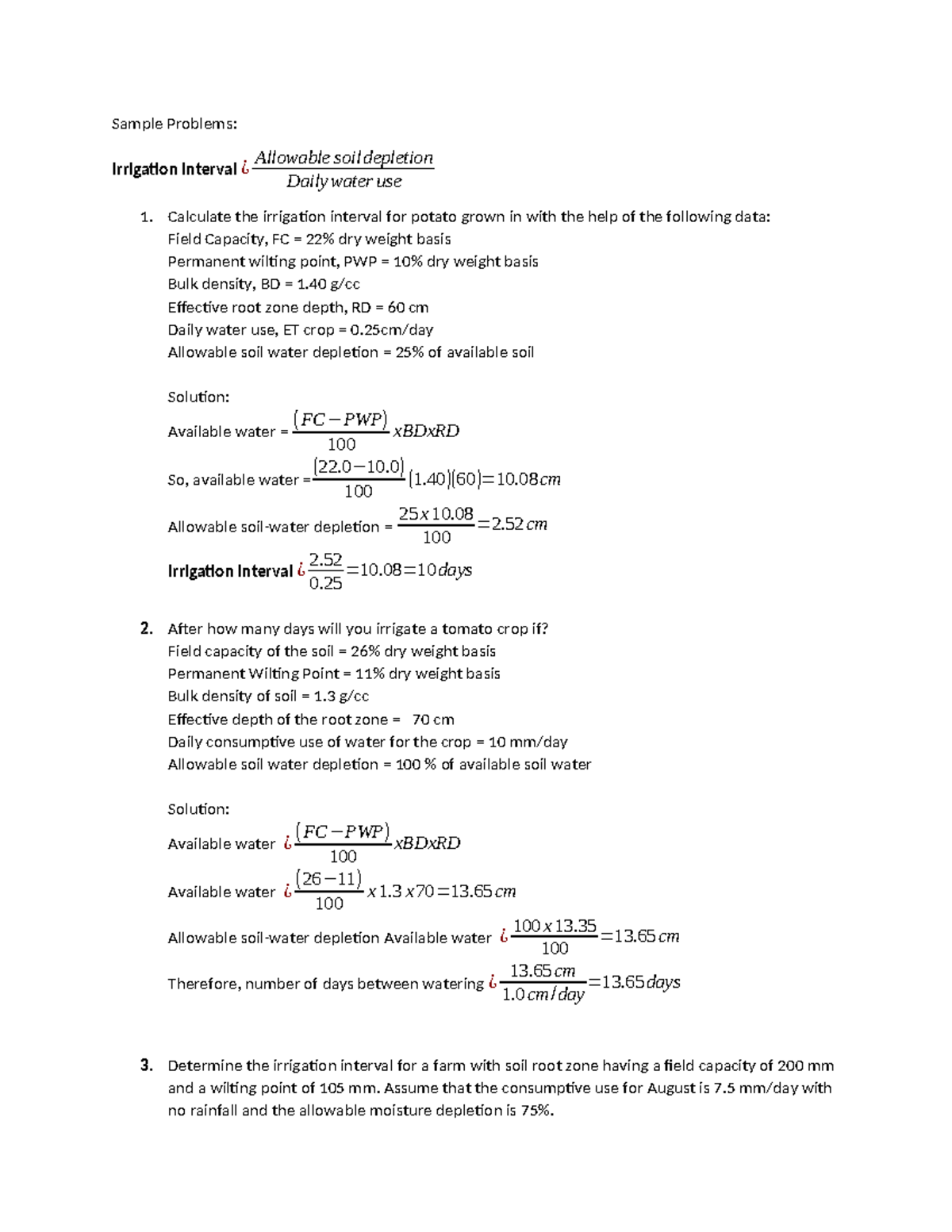 Sample-Problems - Sample Problems: Irrigation Interval ¿ Allowable soil ...