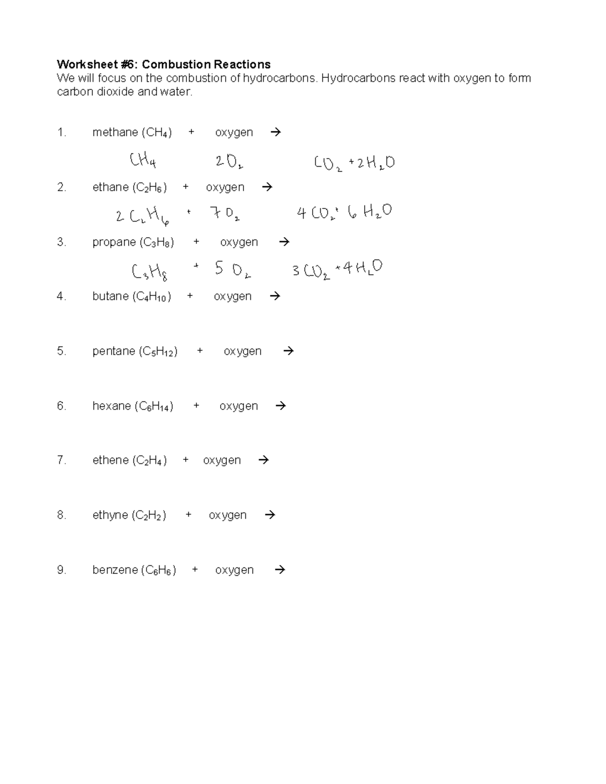 Worksheet 6 Combustion Reactions