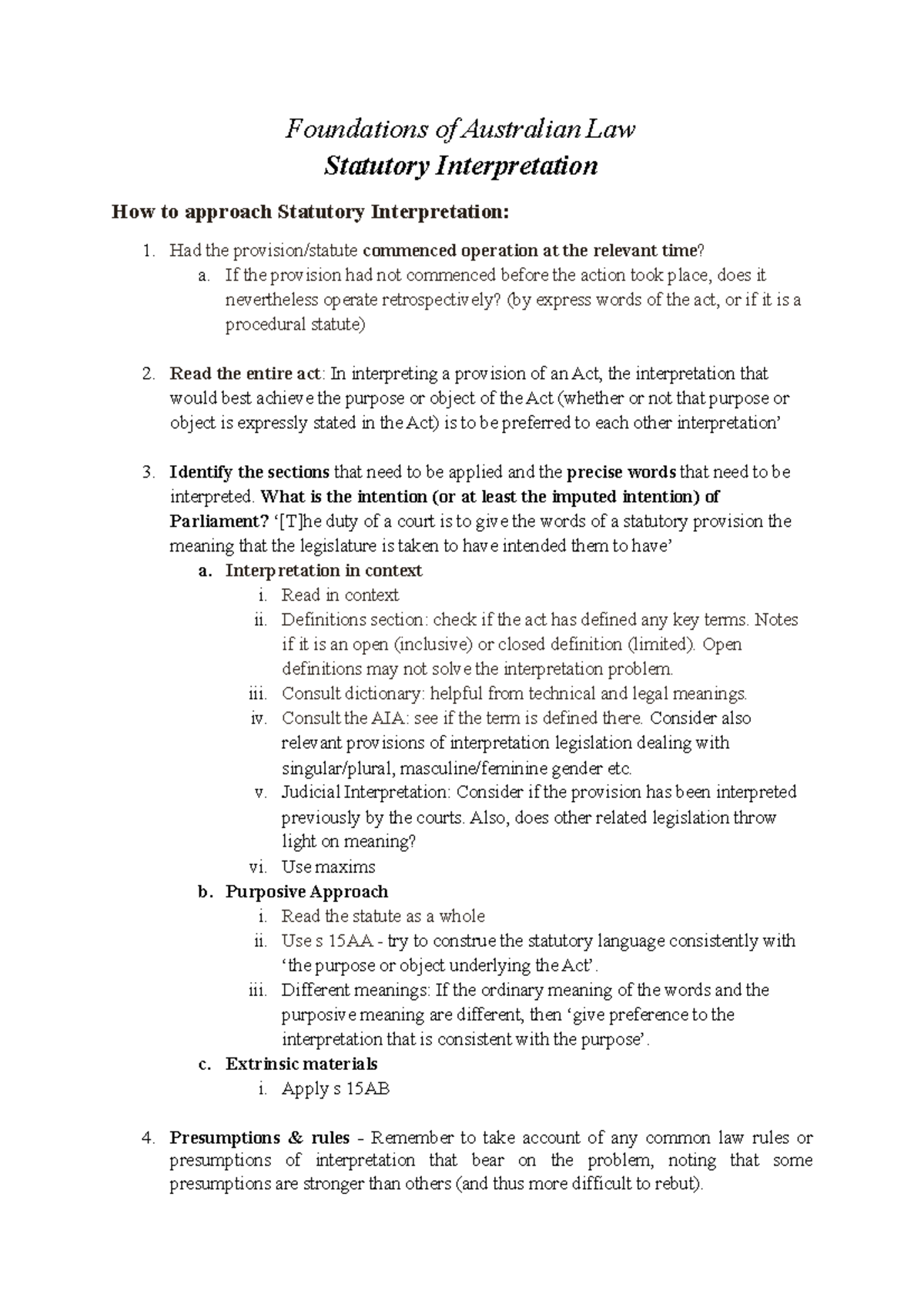 Lecture notes, lectures 6-12 - Foundations of Australian Law Statutory ...
