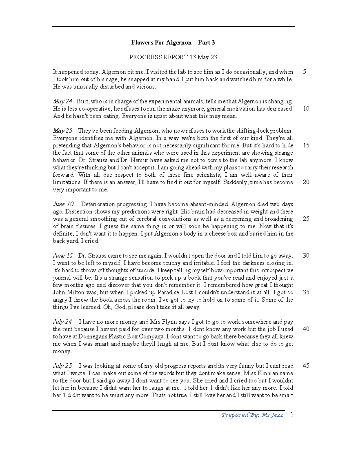 Flowers for Algernon Part 3 Ans Flowers For Algernon Part 3 PROGRESS REPORT 13 May 23 It