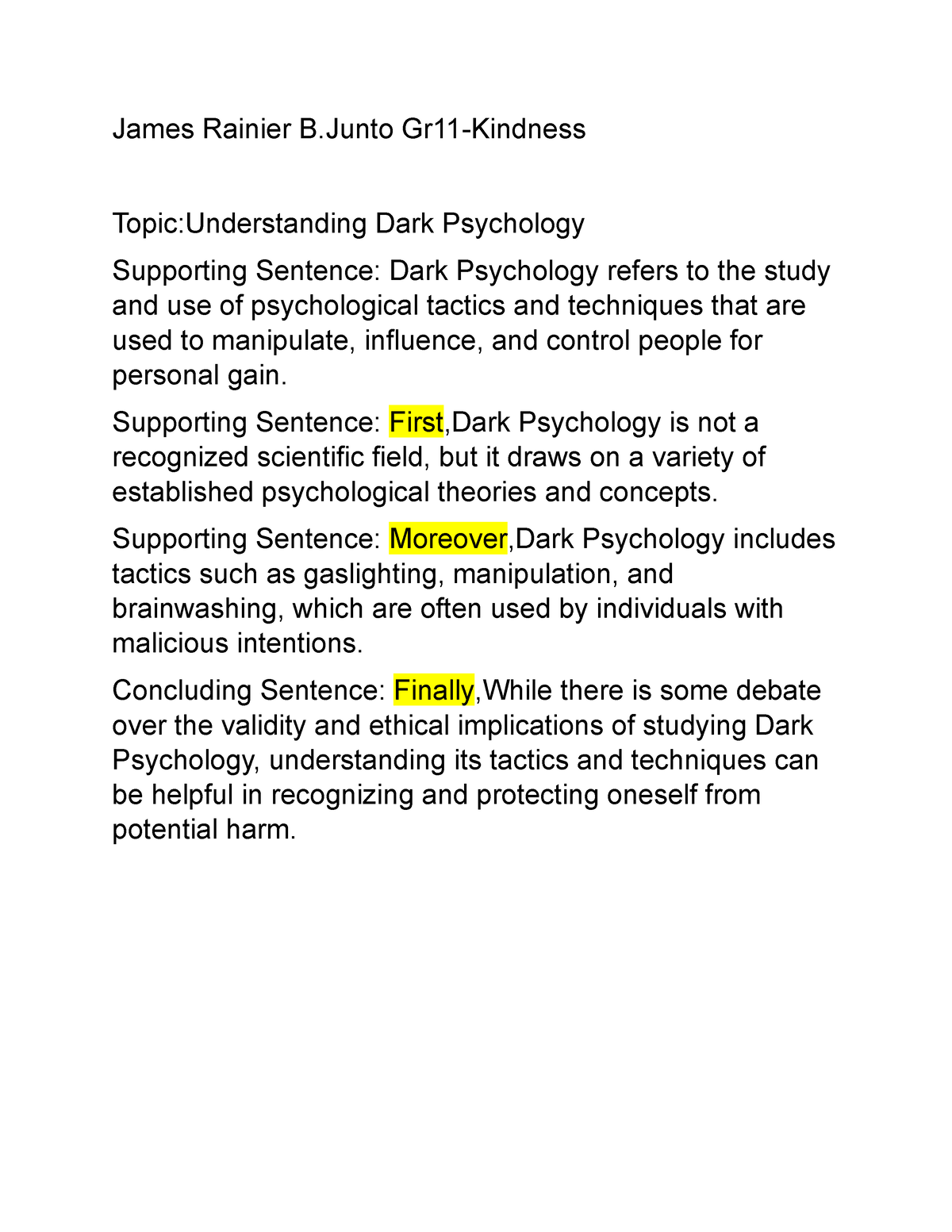 James - DADA - James Rainier B Gr11-Kindness Topic:Understanding Dark ...