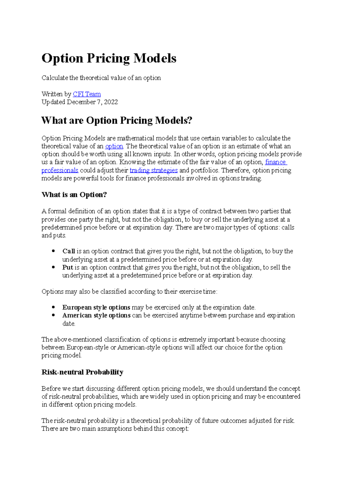 Option Pricing Models - MSC Finance - Option Pricing Models Calculate ...