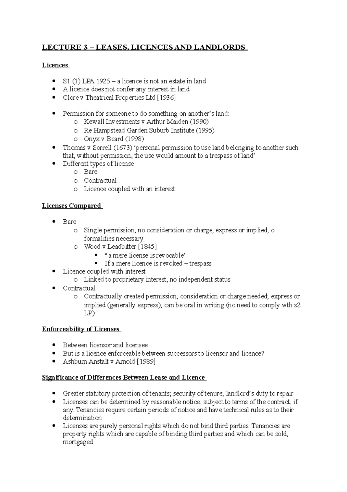 Lecture 3 - Leases, Licences and Landlords - LECTURE 3 – LEASES ...