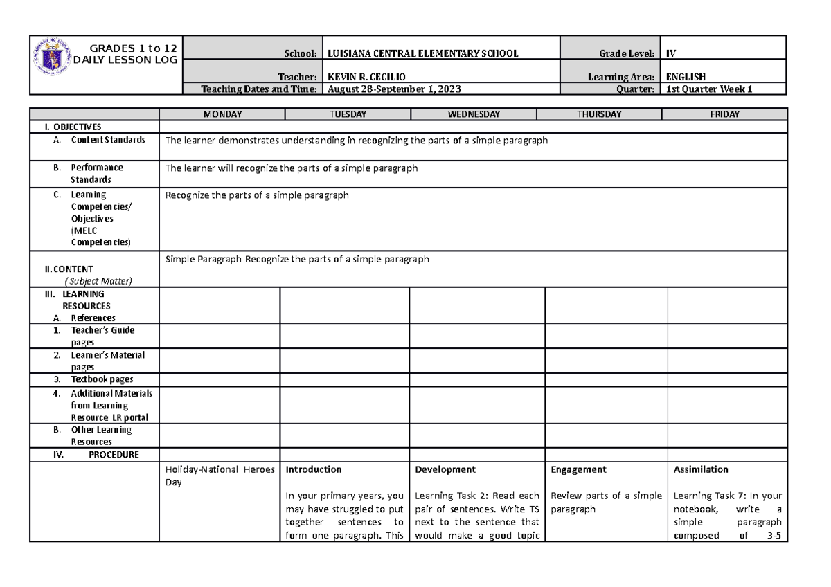 Grade 4 Q1 Week 1 DLL-Pivot - GRADES 1 to 12 DAILY LESSON LOG School ...