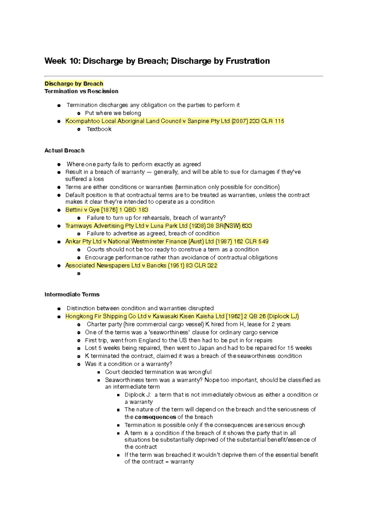 Week 10 - Lecture notes 10 - Week 10: Discharge by Breach; Discharge by ...