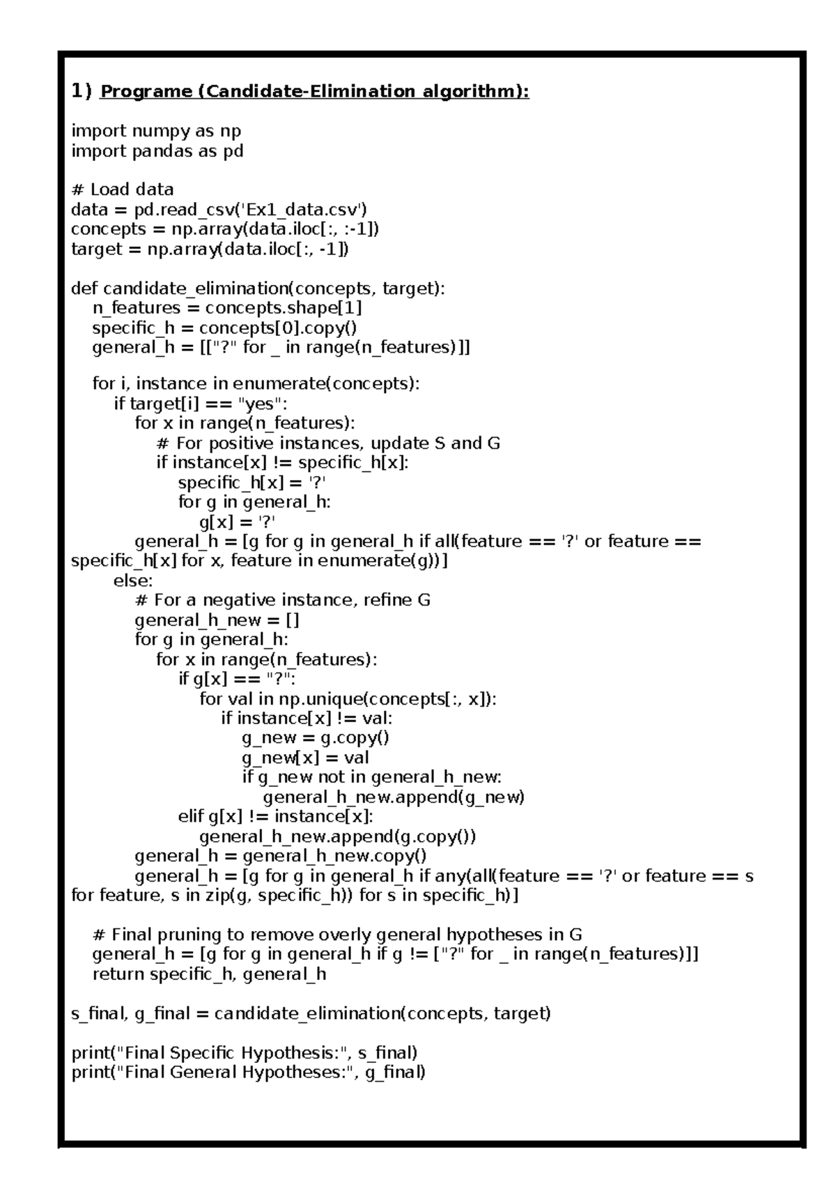 ML Lab Manual Ver 2 - 1) Programe (Candidate-Elimination algorithm ...