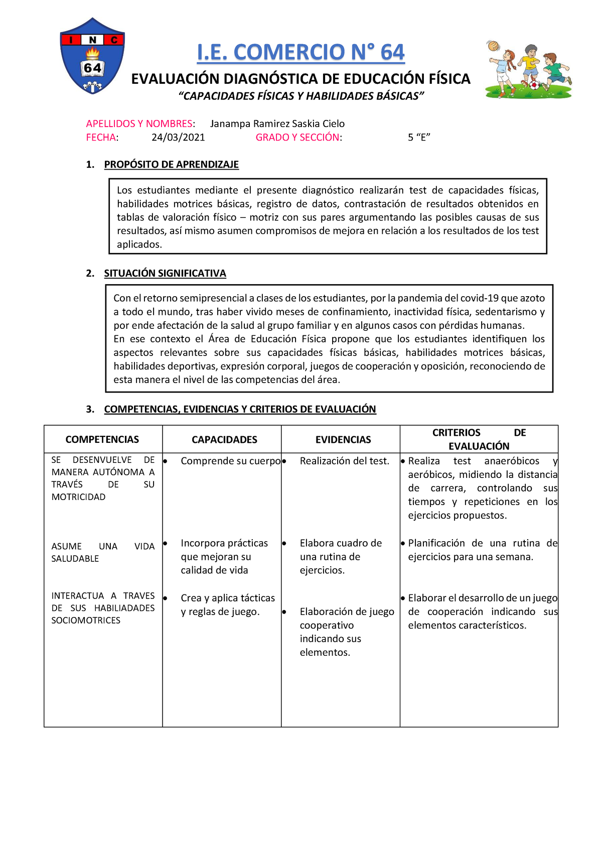 Evaluación Diagnóstica DE Educación Física 2022 - I. COMERCIO N∞ 64 ...