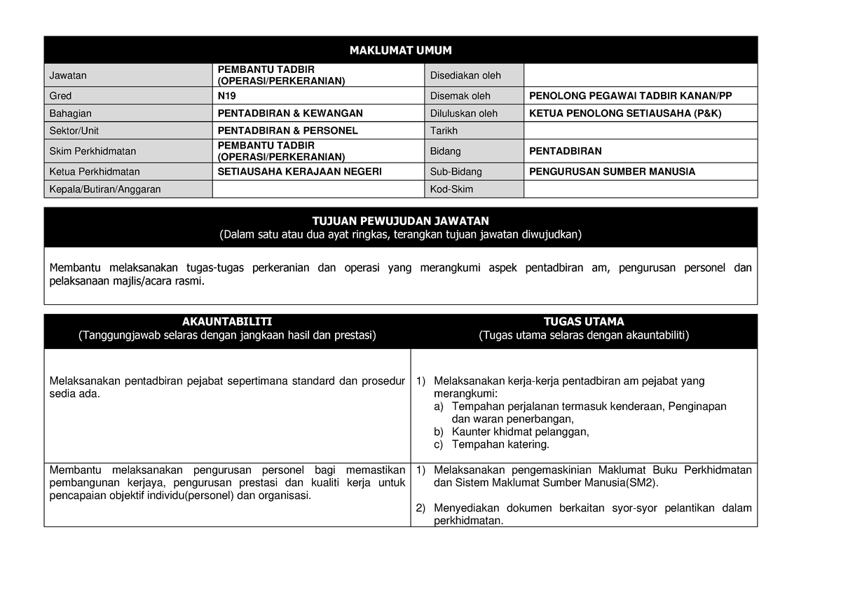 JD N19 - Job Description For N19 - MAKLUMAT UMUM Jawatan PEMBANTU ...