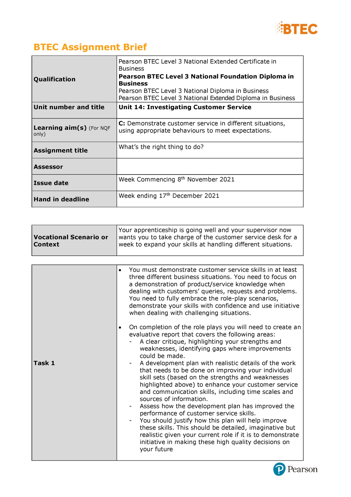 btec business level 3 unit 1 assignment 2 brief