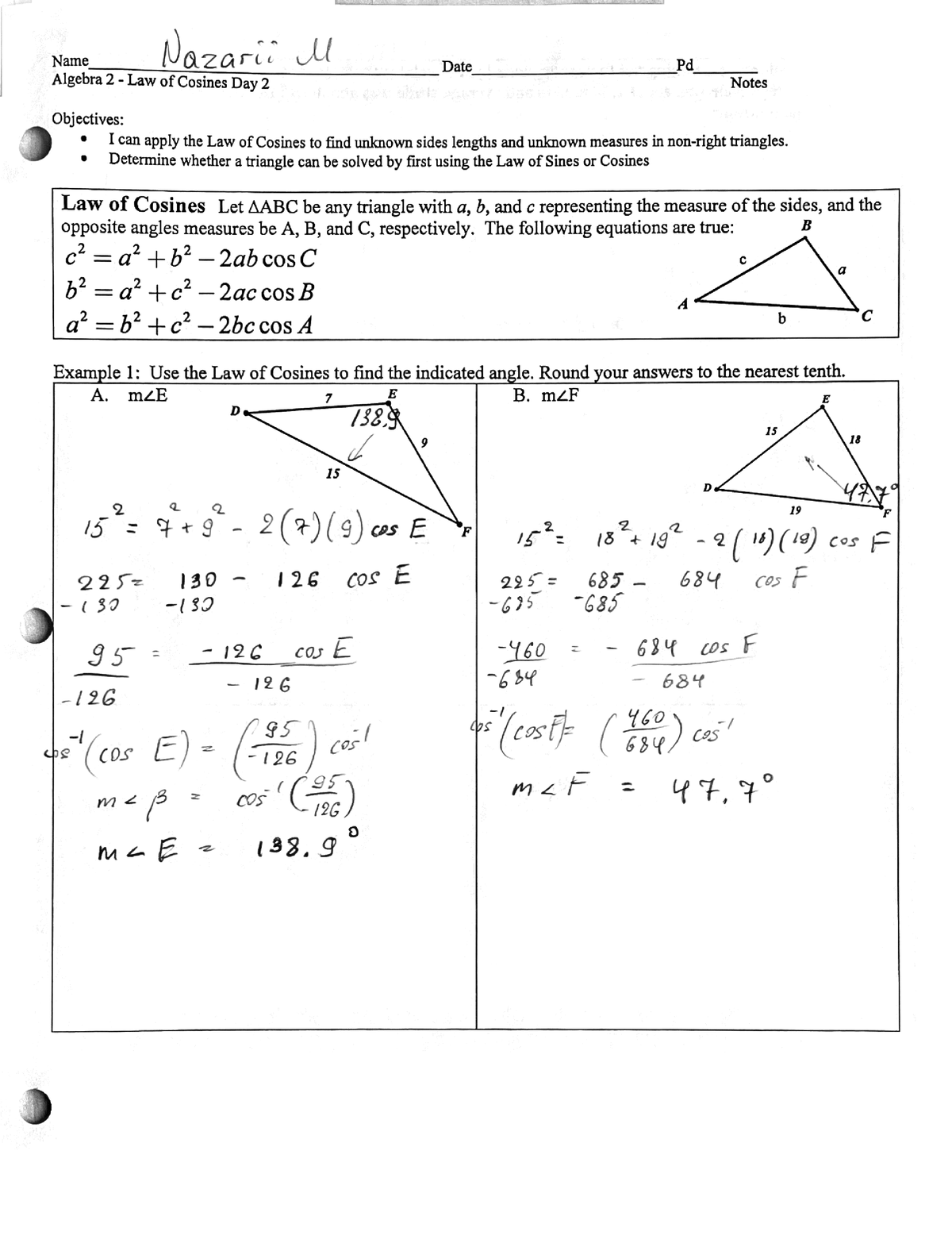 Algebra 2 - Law of Cosines - AS.110.756. - Studocu