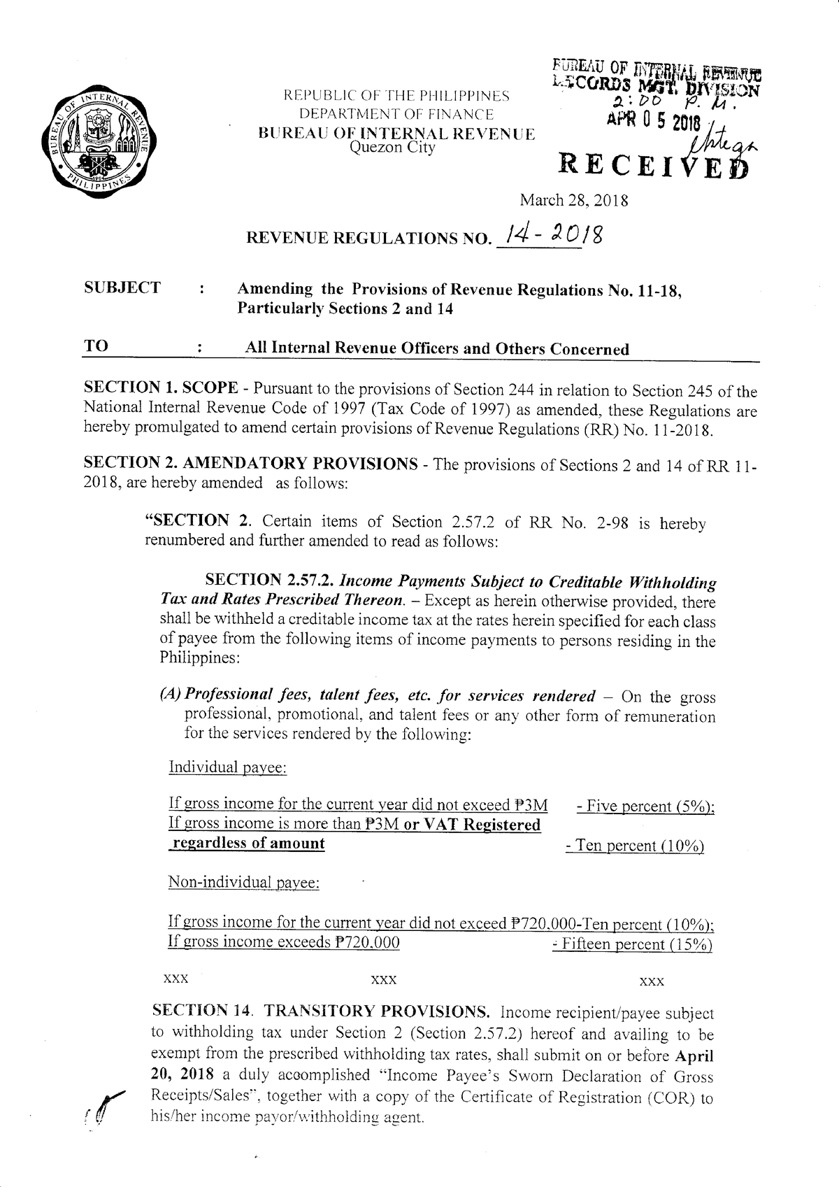 RR No. 14-2018 - Revenue Memorandum Circulars - Relevant Topics For ...