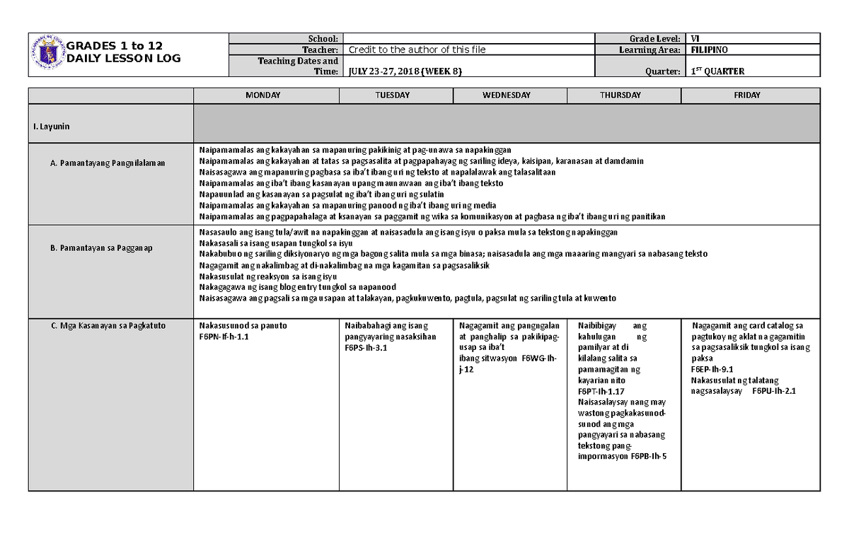 DLL Filipino 6 Q1 W8 - none - GRADES 1 to 12 DAILY LESSON LOG School ...