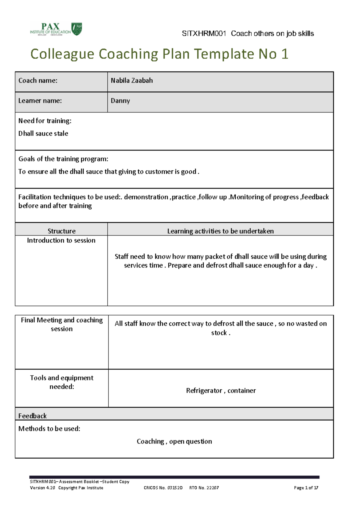 Sitxhrm 001 Colleague Coaching Plan Template - SITXHRM001– Assessment ...