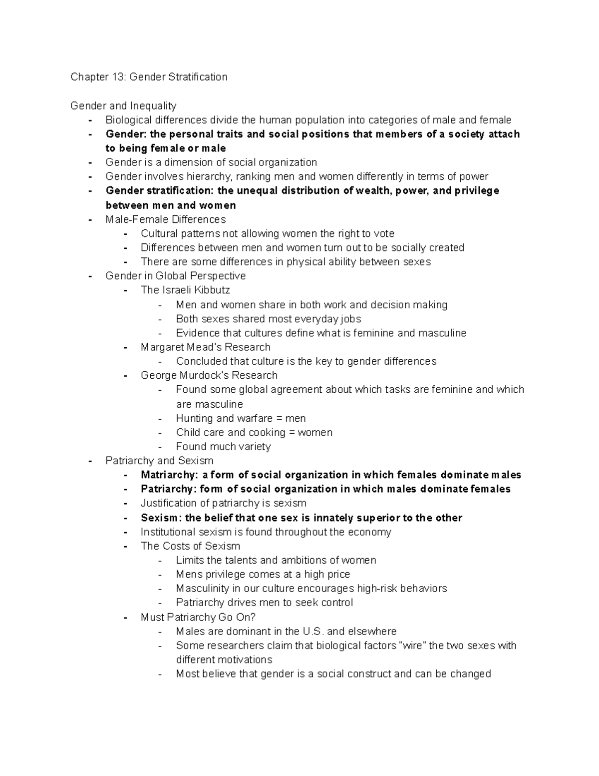Soc Chapter 13 Notes - Chapter 13: Gender Stratification Gender and ...