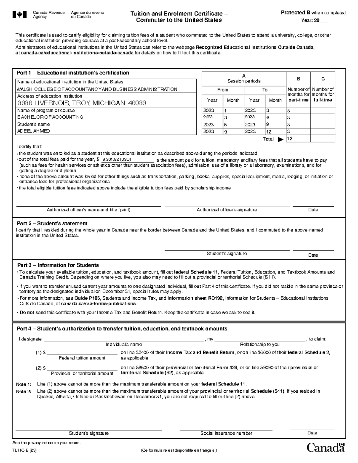 Tl11c-23e - fillable tl11c form for tax year 2023 - Tuition and ...