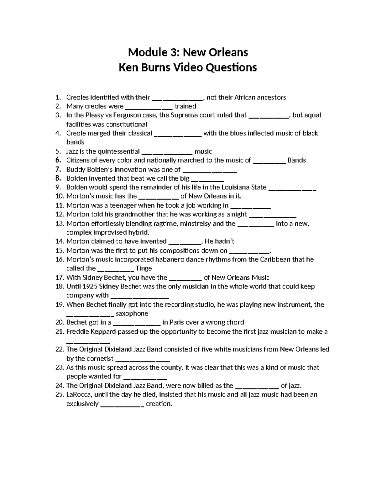 Module 3 New Orleans Questions - Module 3: New Orleans Ken Burns Video ...