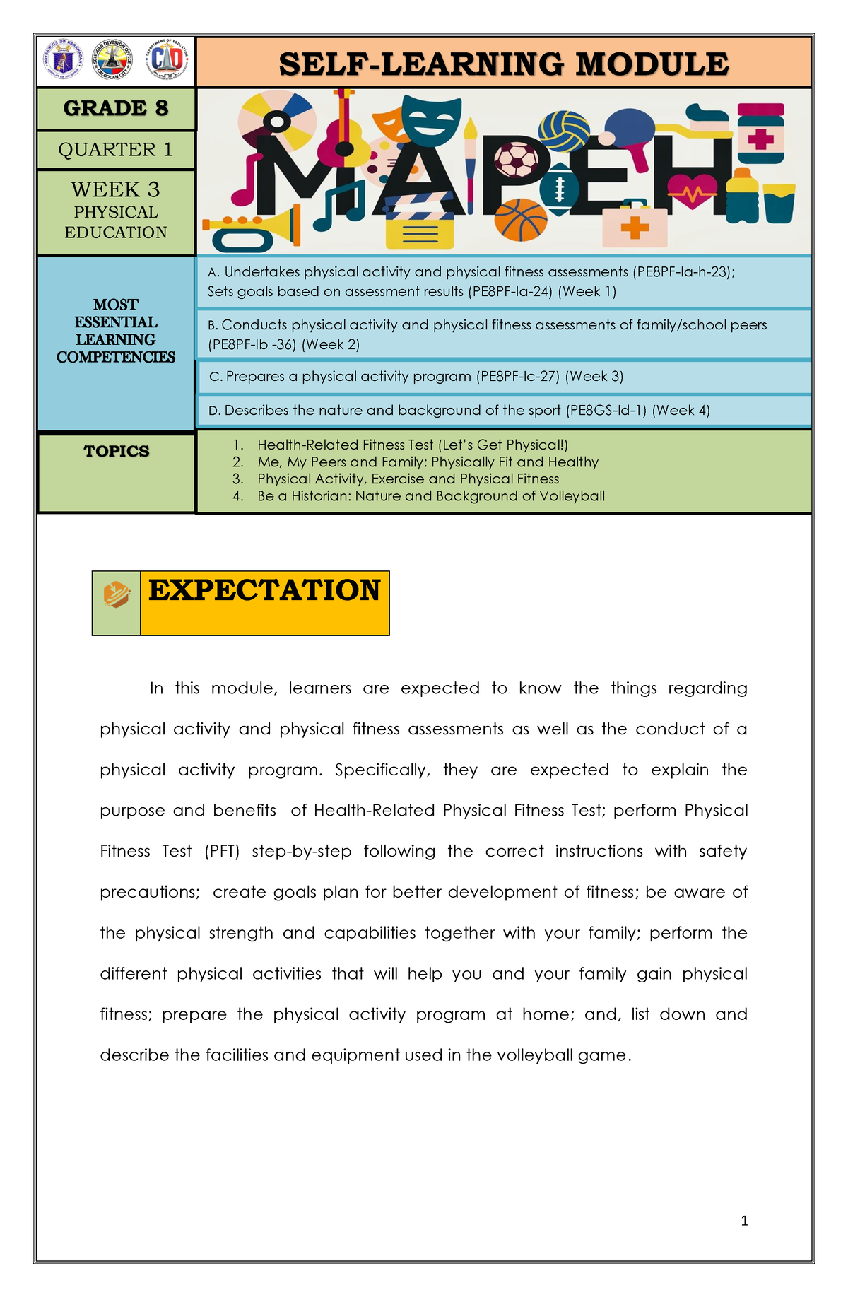 Mapeh 8 Q1 Week 3-PE - EXPECTATION In This Module, Learners Are ...