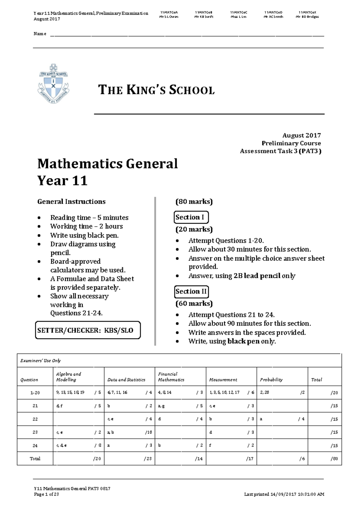 Kings 2017 General Maths Prelim Yearly & Solutions Studocu