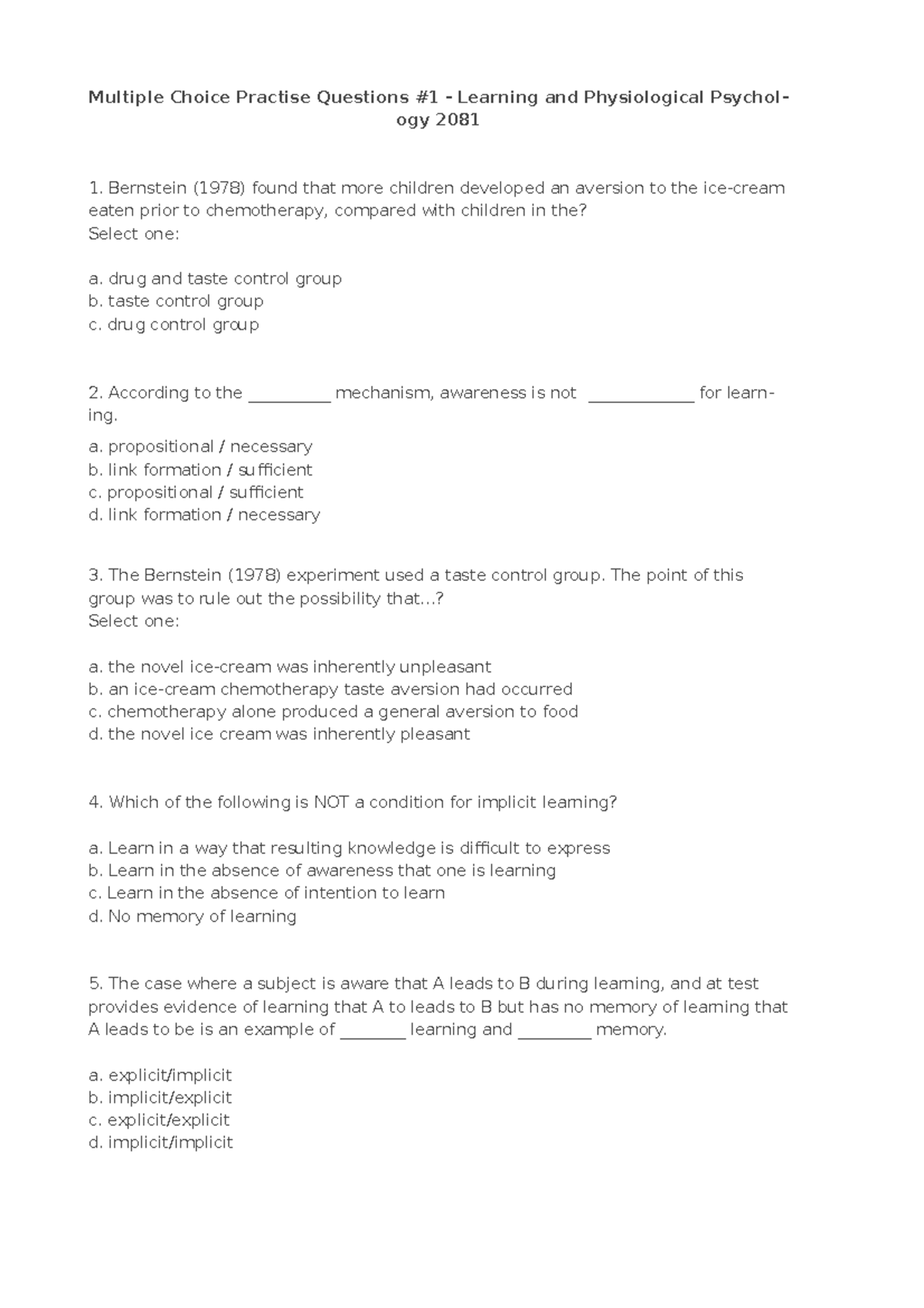 Multiple Choice Practise Questions #1 - Learning and Physiological ...