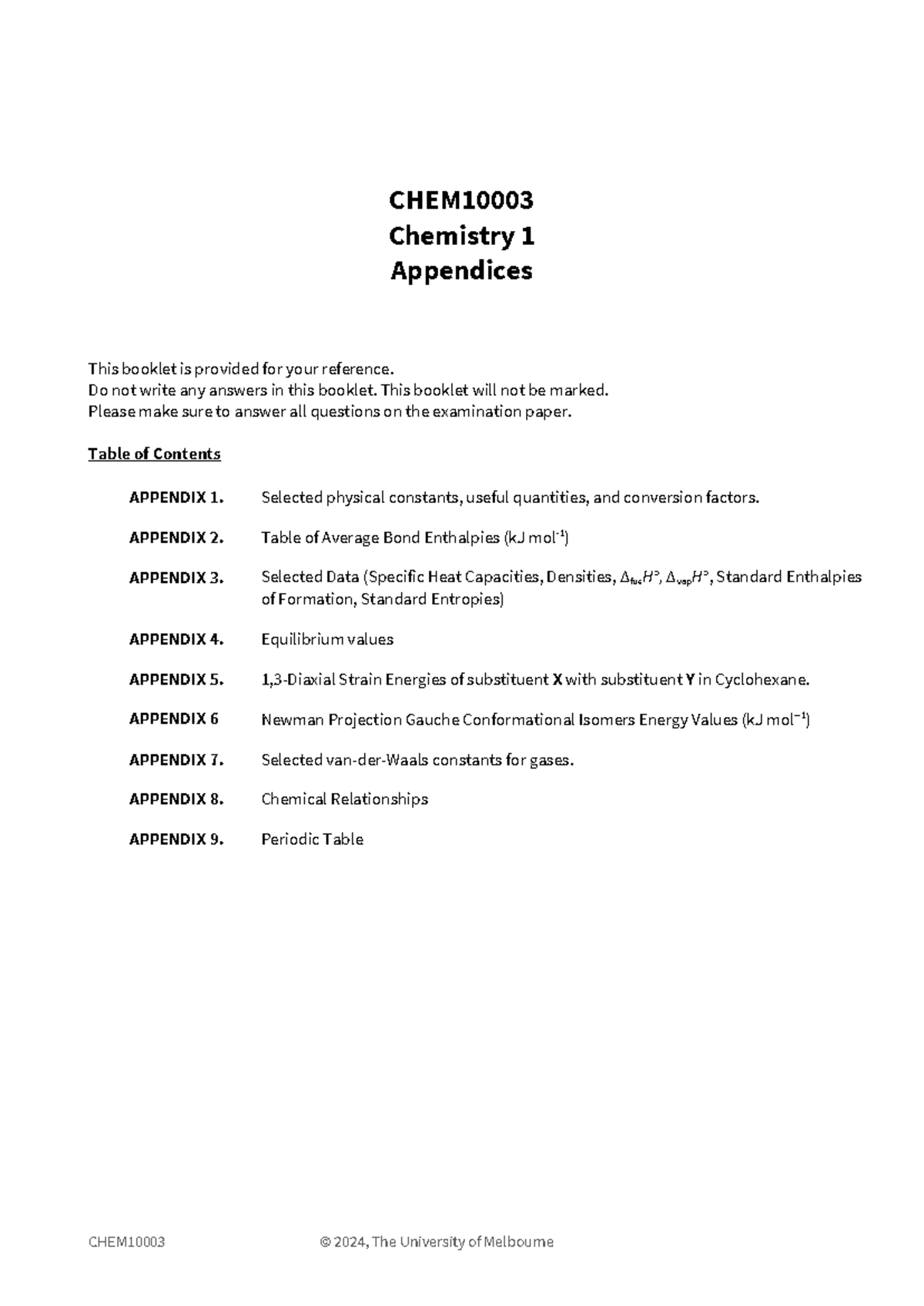 Chemistry Data Booklet CHEM Chemistry 1 Appendices This booklet is