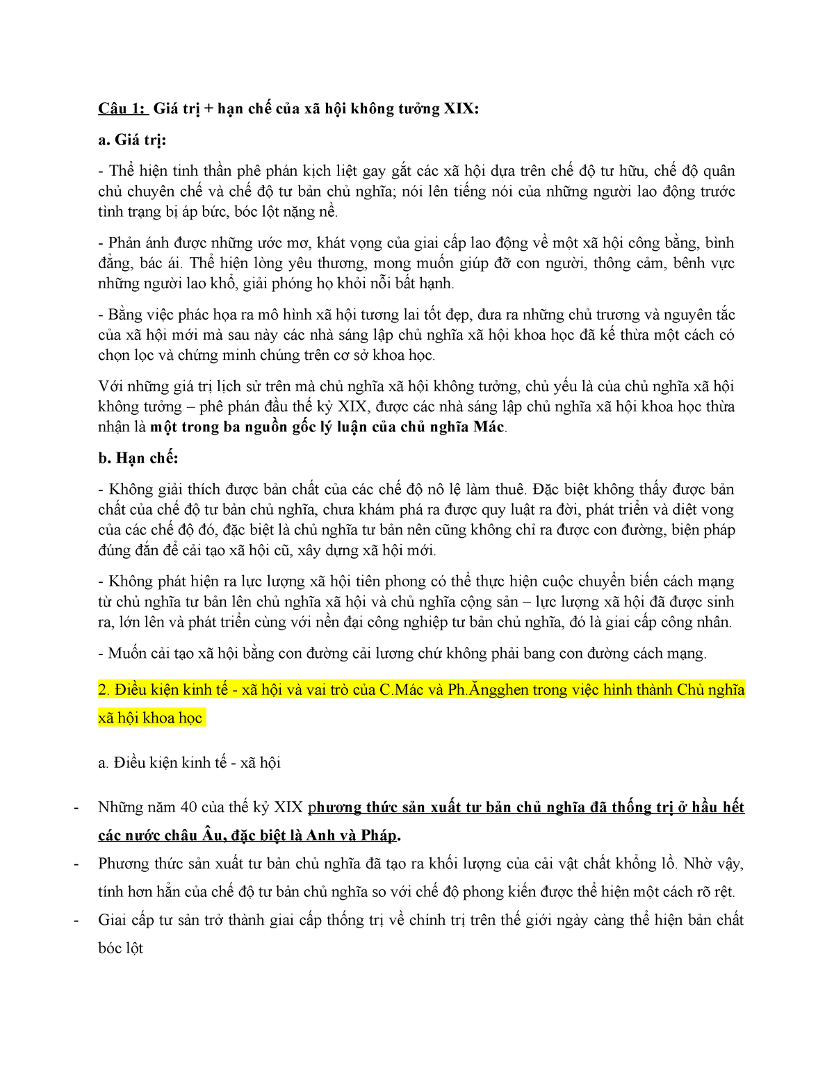 Cnxhkh - CNXH - Câu 1: Giá Trị + Hạn Chế Của Xã Hội Không Tưởng XIX: A ...