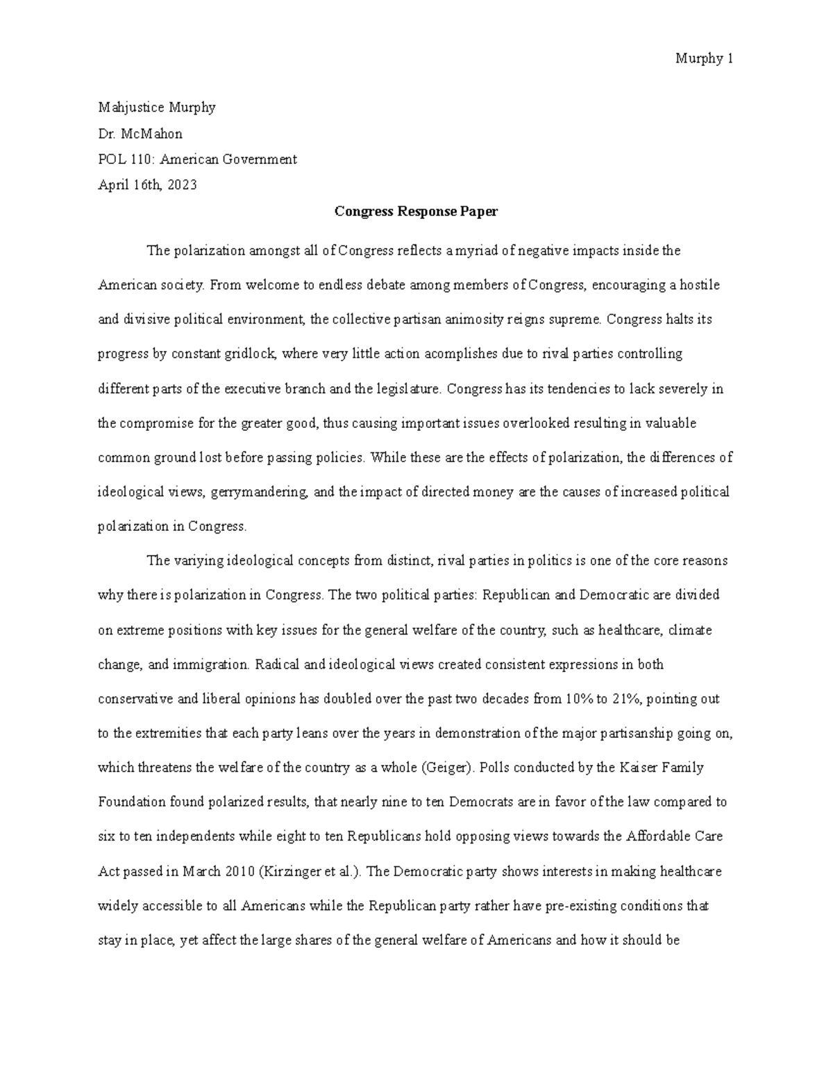 Congress Response Argumentative - Mahjustice Murphy Dr. McMahon POL 110 ...