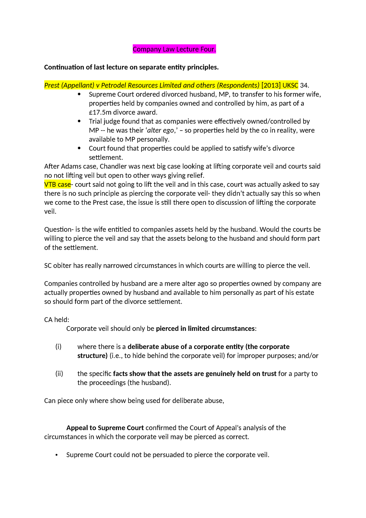 Company Law Lecture Four - Continuation of last lecture on separate ...