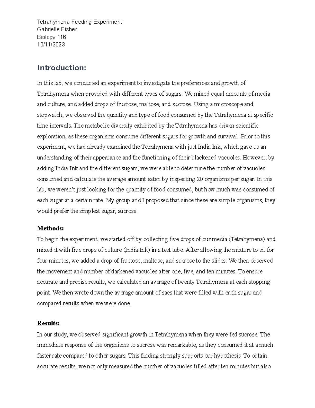 Lab Report 2 Final - Tetrahymena Feeding Experiment Gabrielle Fisher ...