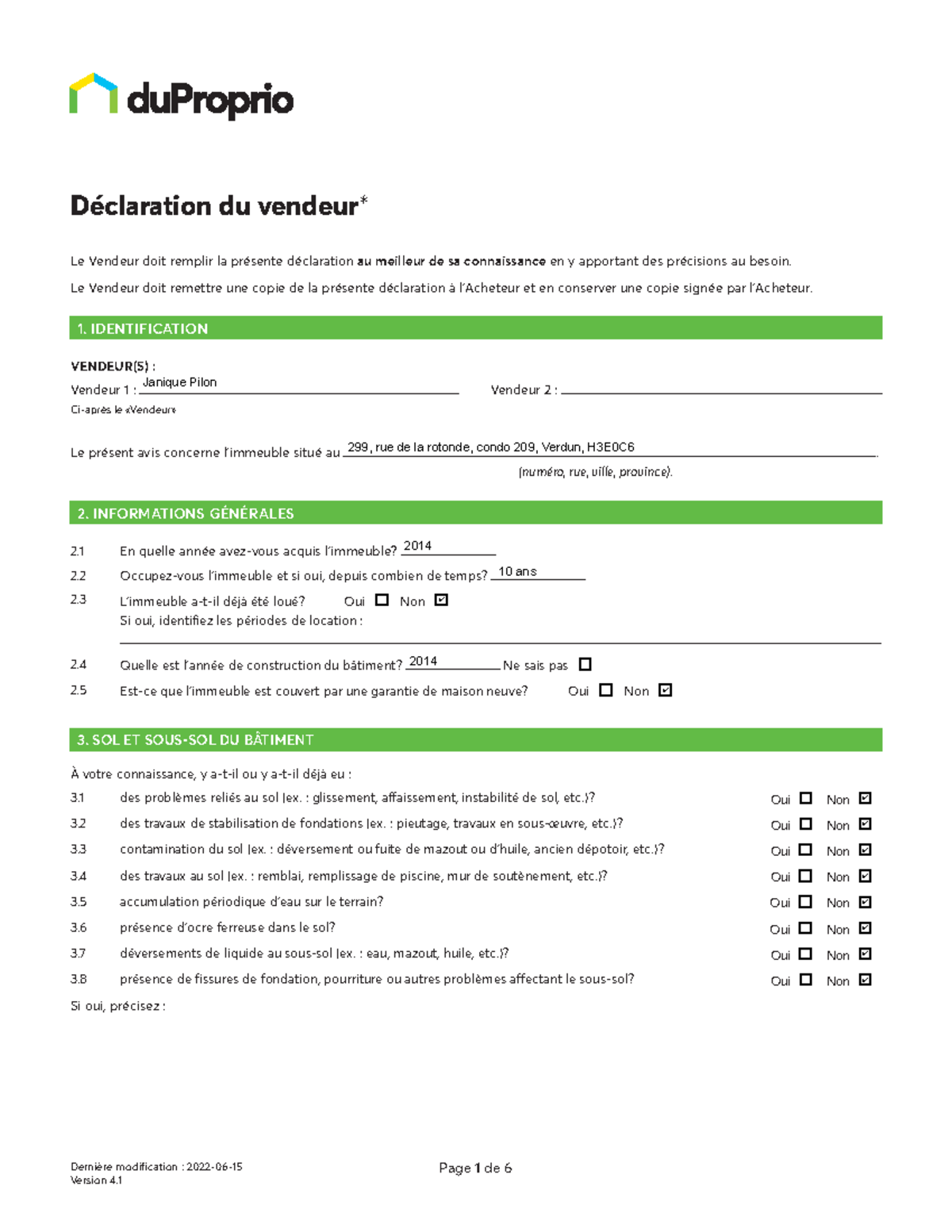 Declaration du vendeur - Dernière modification : 2022-06- Page 1 de 6 ...