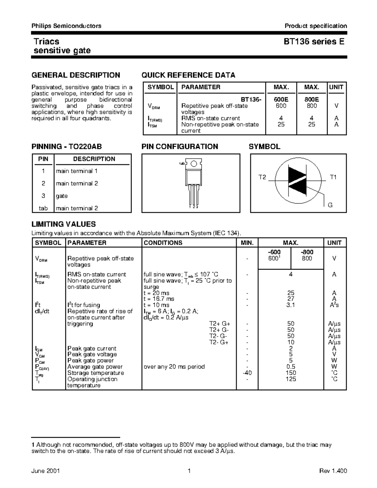 BT136 transistor database - Triacs BT136 series E sensitive gate ...