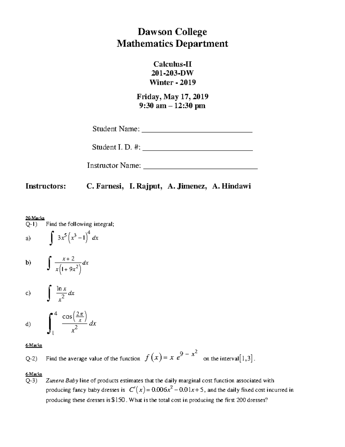 201 203 DW Winter 2019 - Final Exam Calculus 2 - Dawson College ...