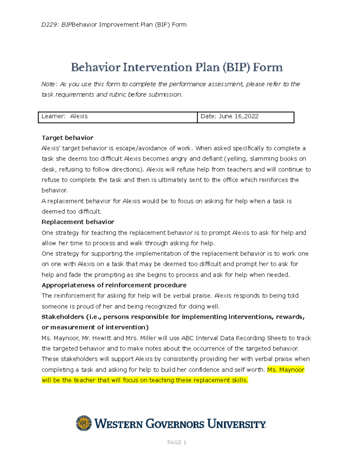 Behavior Intervention Plan (BIP) Form - D229: BIPBehavior Improvement ...