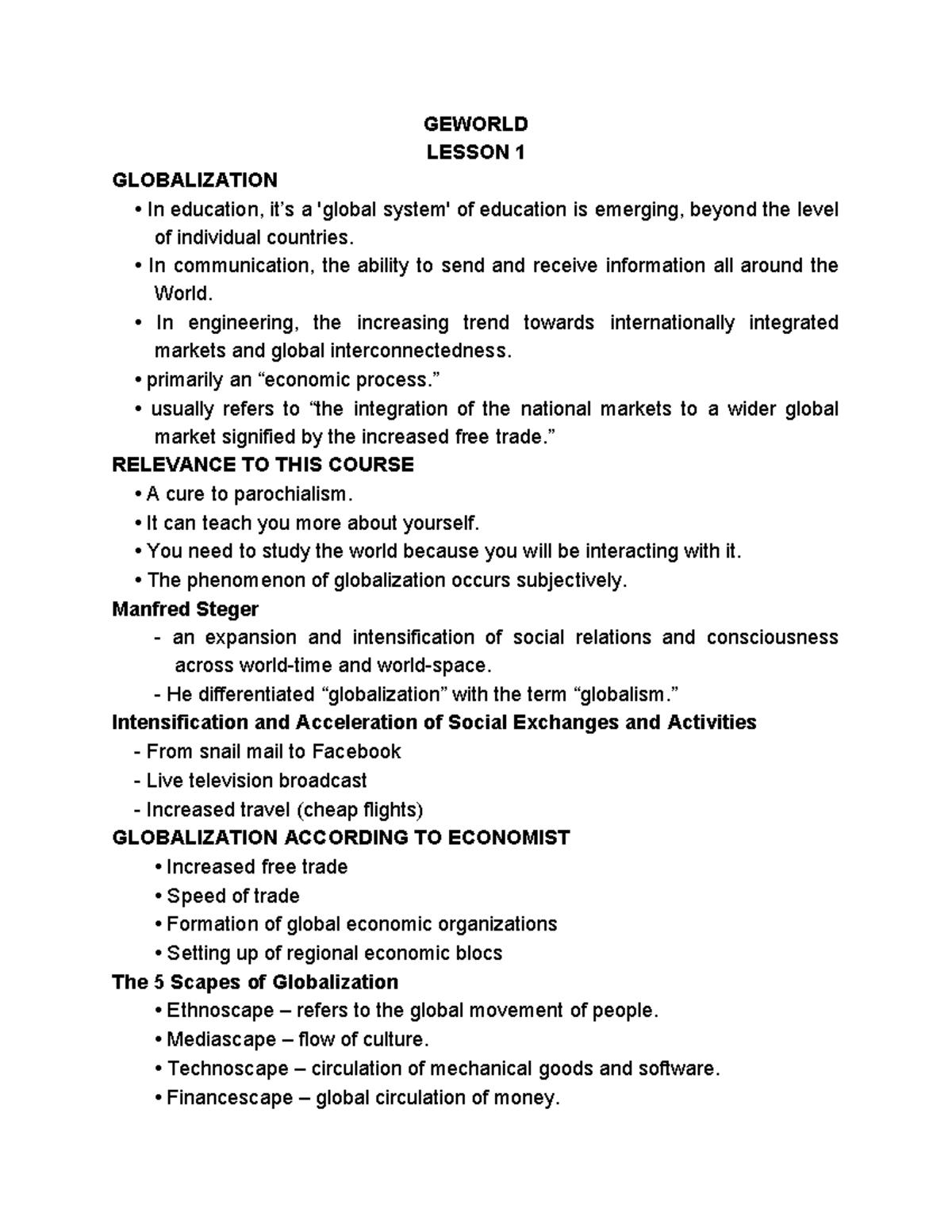 Reviewer Notes GE World - GEWORLD LESSON 1 GLOBALIZATION • In education ...