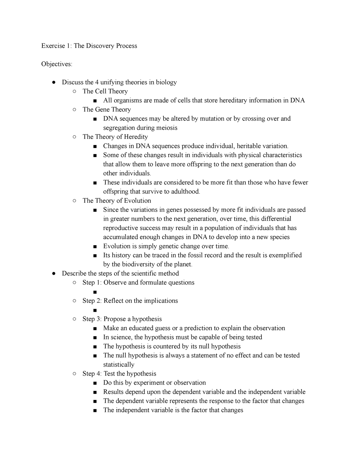 TAMU BIOL 111 Lab Bio Lab Final Review Exercise 1 The Discovery